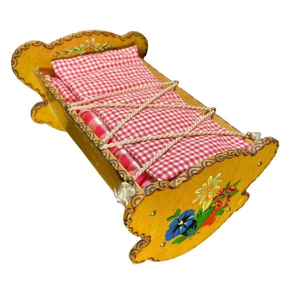 RARE Reuge Hand Painted Rocking Musical Doll Cradle Brahms Lullaby Swiss Works - Picture 2 of 12